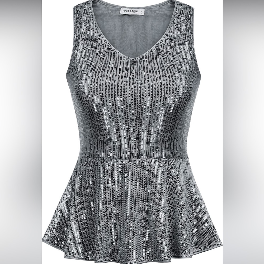GRACE KARIN Women's Sleeveless Sparkle Sequin Tops V-Neck Cami Sexy Tank Top